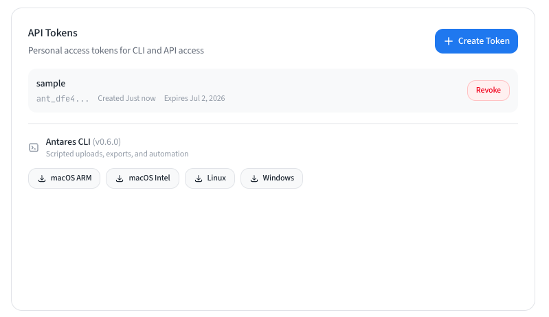 Profile Security page showing API tokens and Antares CLI download buttons.