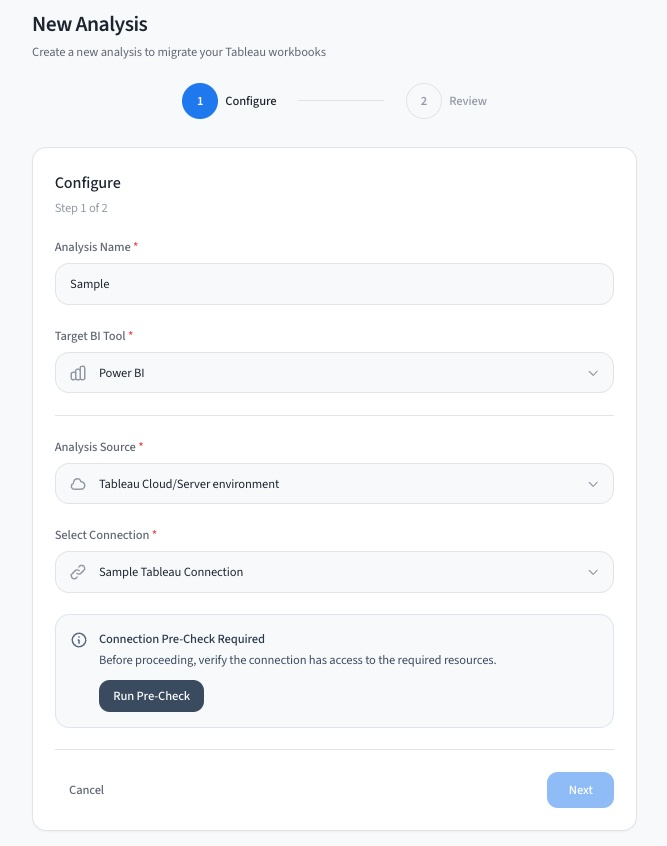 New Analysis wizard showing the Configure step.