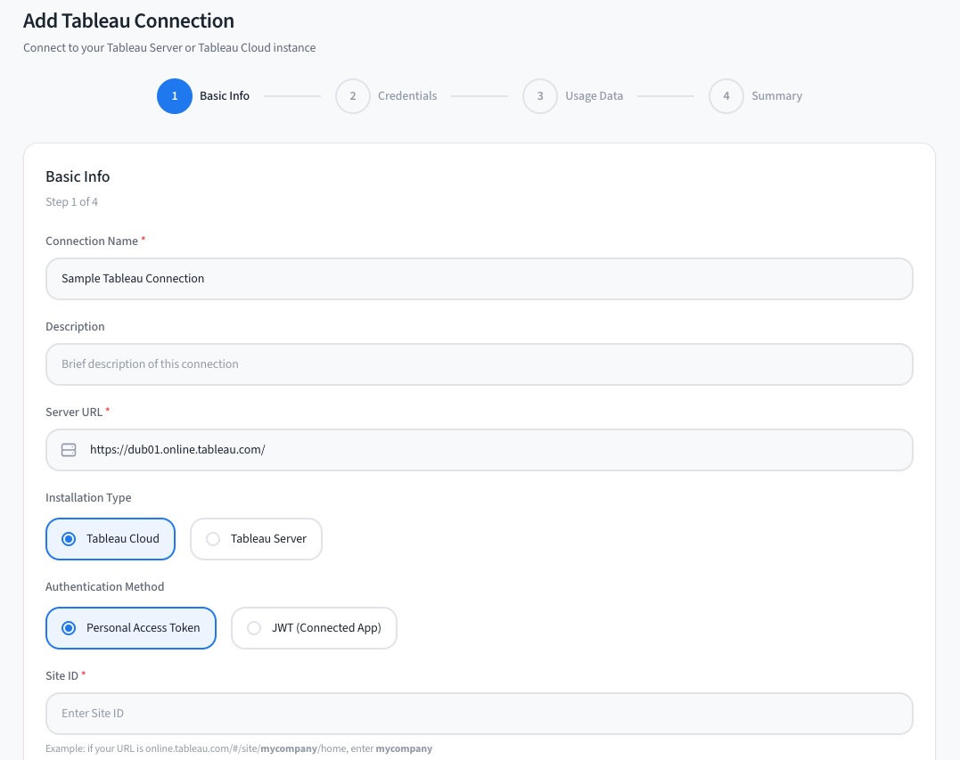 Add Tableau Connection wizard showing the Basic Info step.