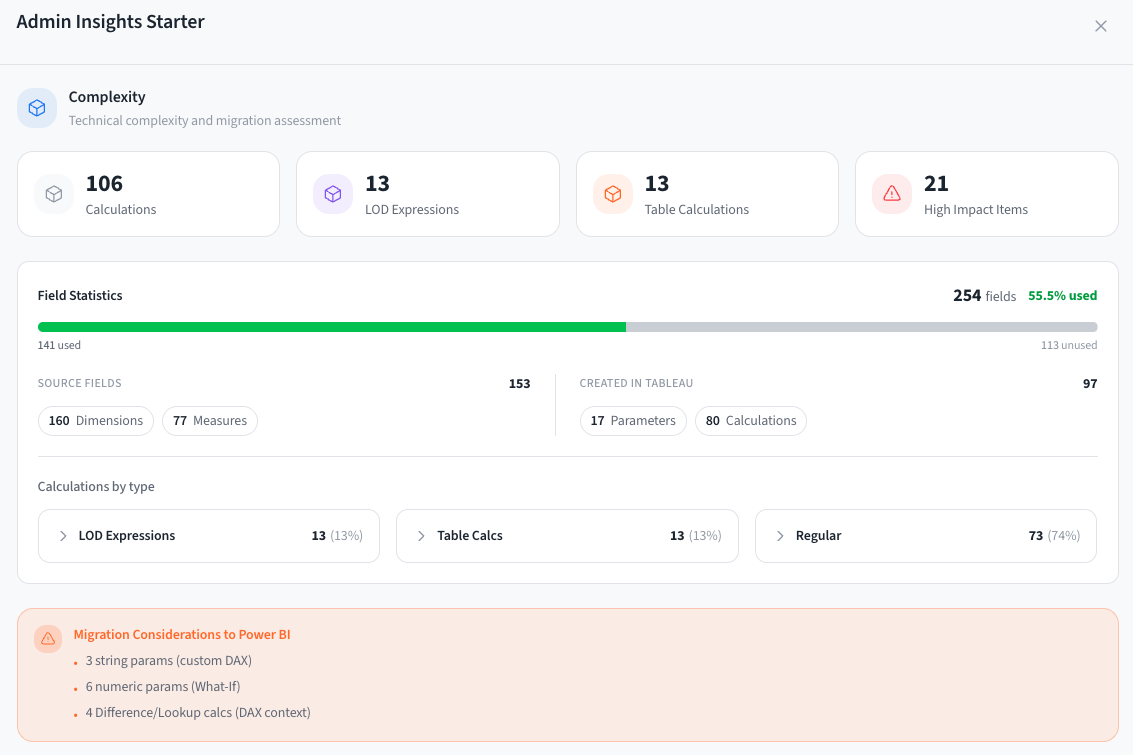 Workbook complexity section showing score summary and migration difficulty.